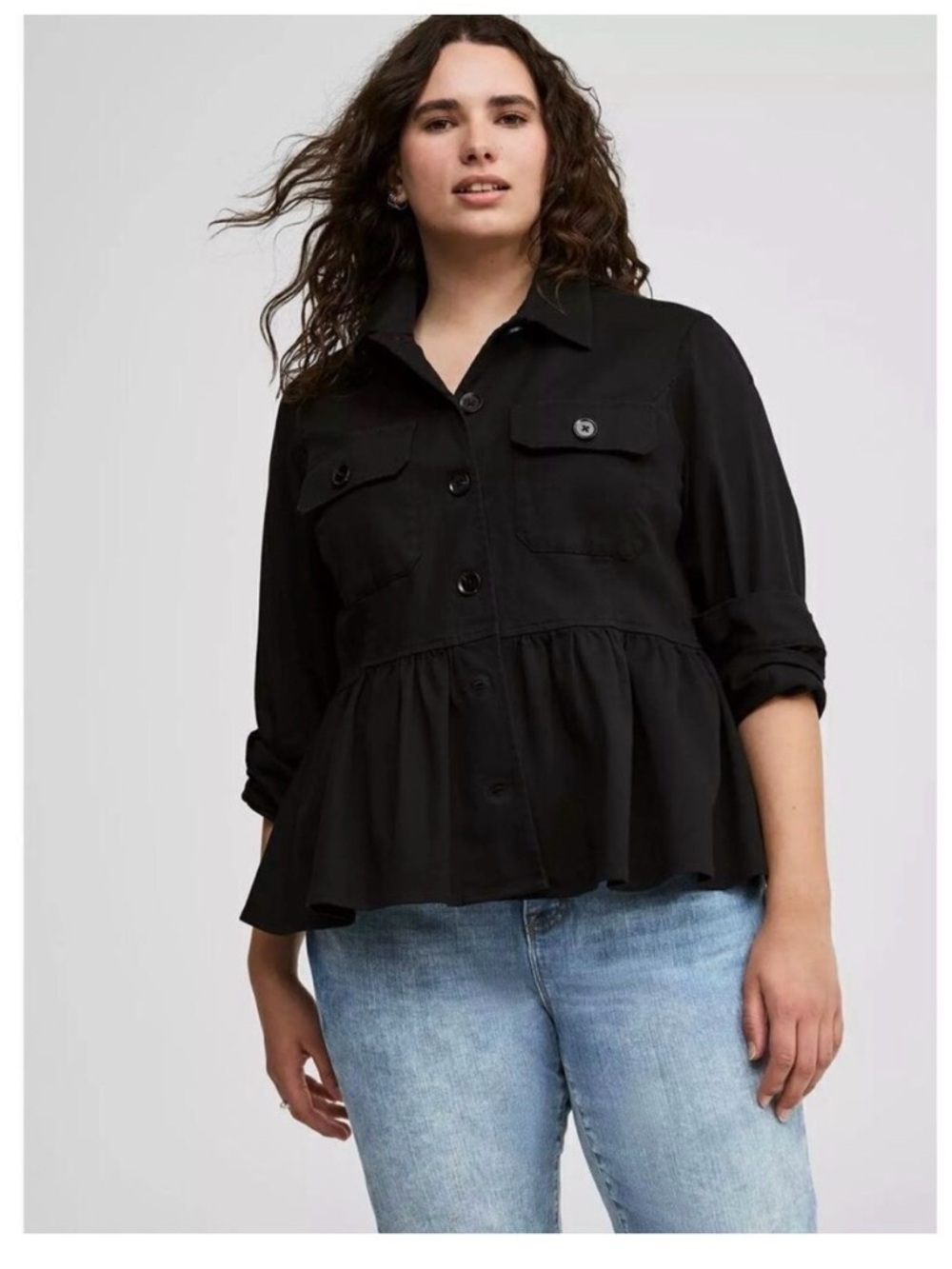 torrid Black Peplum Utility stretchy denim top